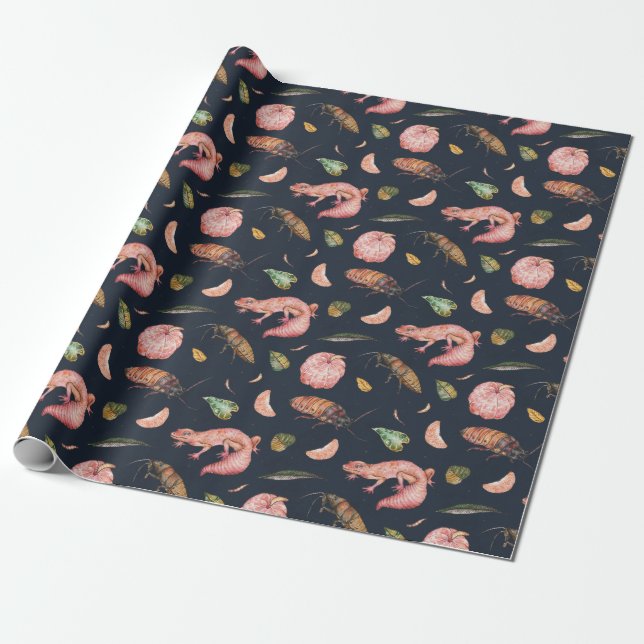 Geckos and Roaches Wrapping Paper Pattern in Blue (Unrolled)