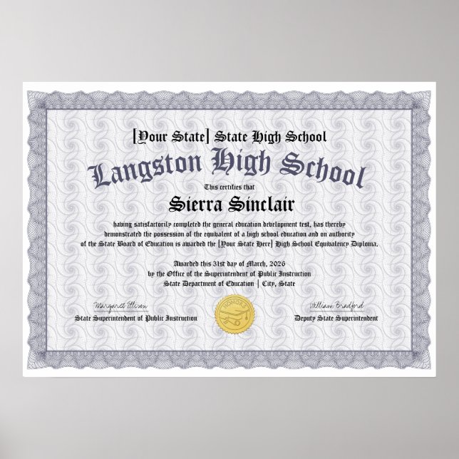 GED General High School Equivalency Diploma Copy Poster (Front)