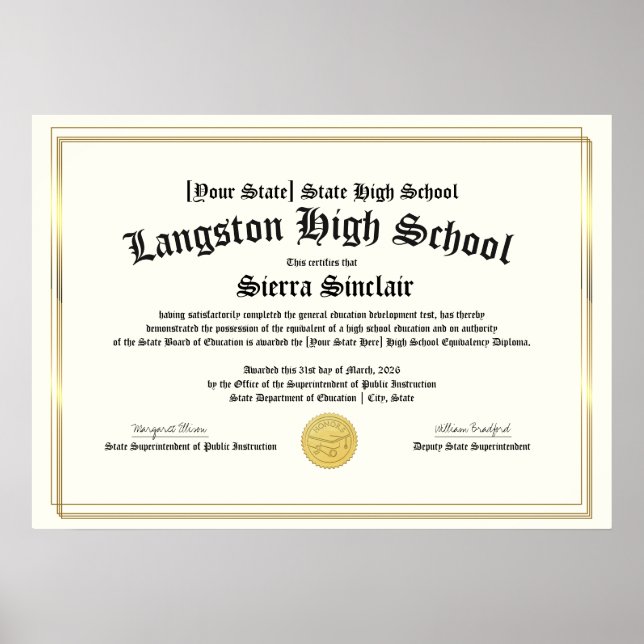 GED General High School Equivalency Diploma Copy Poster (Front)