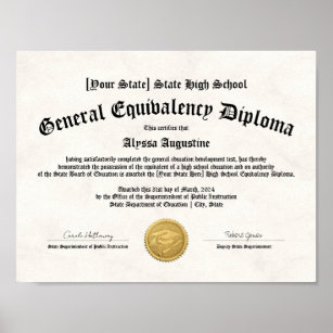 GED General High School Equivalency Diploma Copy Poster