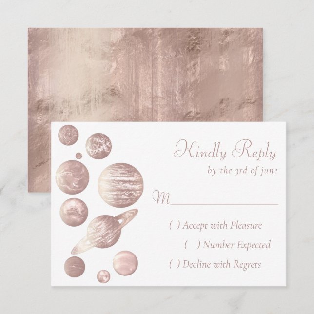 Geek Chic | Minimal Copper Rose Gold Planets RSVP Card (Front/Back)