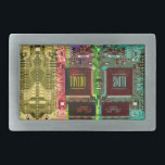 Geek & Glitch printed circuit board robotic Name Belt Buckle<br><div class="desc">Geeky glitch robotic style creation with green,  purple,  pink,  blue and yellow printed circuit board. Geometric and trendy rainbow design. Name and text to personalize on a processor.</div>