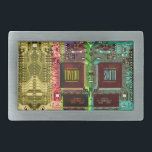 Geek & Glitch printed circuit board robotic Name Belt Buckle<br><div class="desc">Geeky glitch robotic style creation with green,  purple,  pink,  blue and yellow printed circuit board. Geometric and trendy rainbow design. Name and text to personalize on a processor.</div>