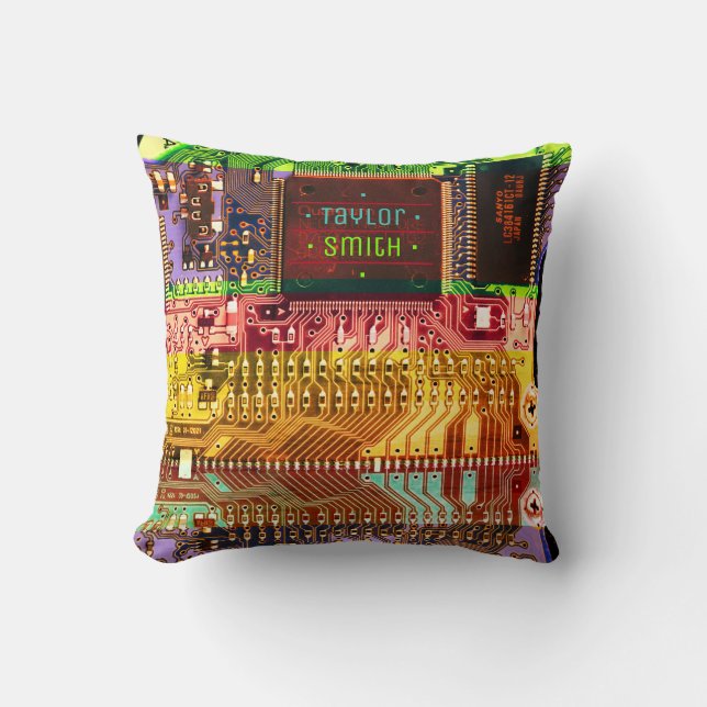 Geek & Glitch printed circuit board robotic Name Throw Pillow (Front)