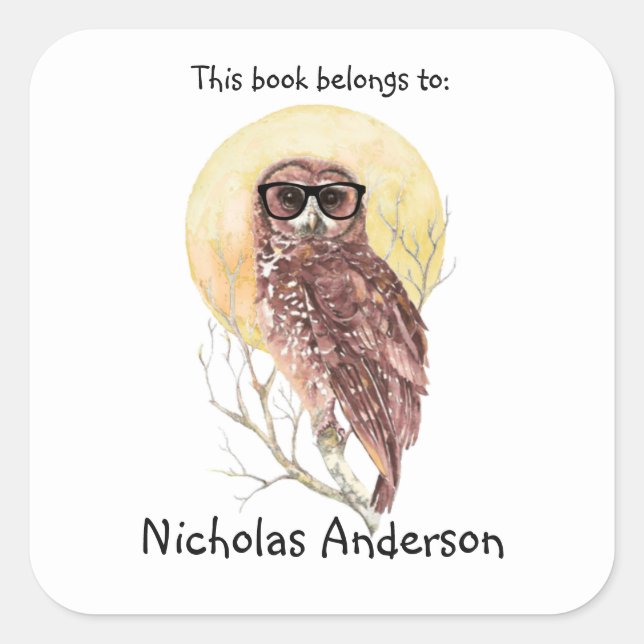 Geek Hipster Owl in Glasses Cool Bookplate Square Sticker (Front)