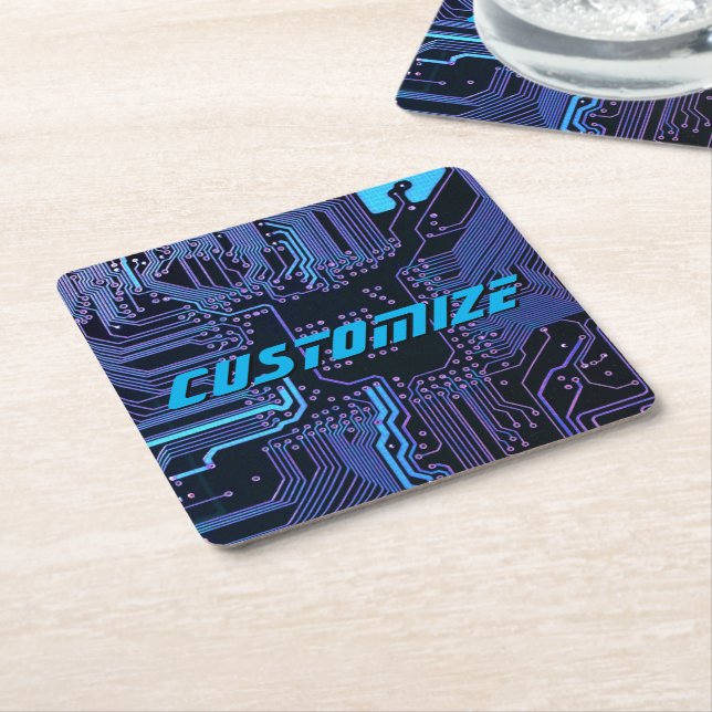 Geek Out Custom PCB Blue Electronic Circuit Board Square Paper Coaster (Angled)