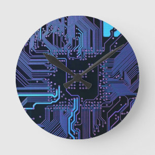 Geek Out Nerd PCB Blue Electronic Circuit Board  Round Clock