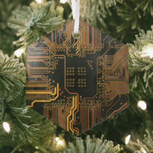 Geek Out Nerd PCB Orange Electronic Circuit Board  Glass Ornament