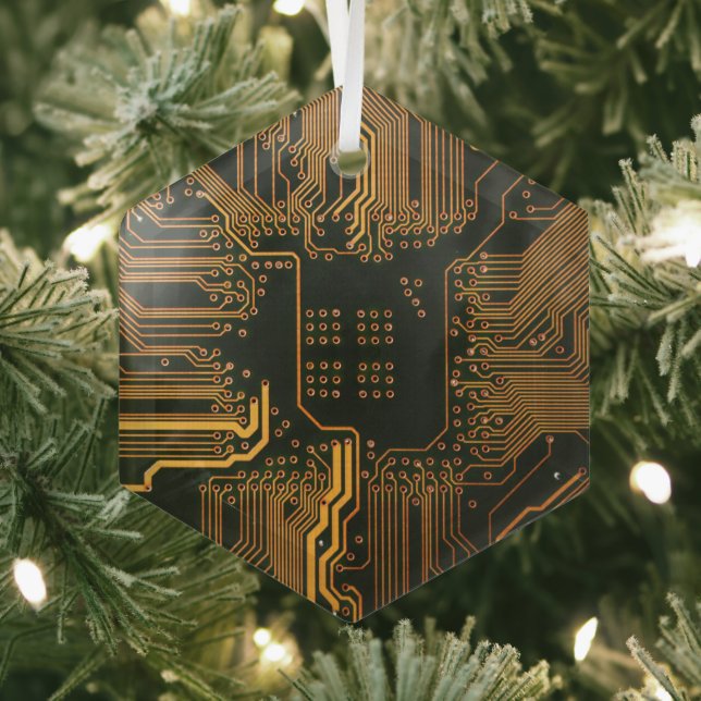 Geek Out Nerd PCB Orange Electronic Circuit Board  Glass Ornament (Insitu)