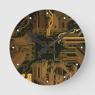 Geek Out Nerd PCB Orange Electronic Circuit Board  Round Clock