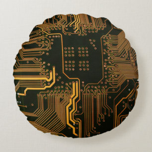 Geek Out Nerd PCB Orange Electronic Circuit Board  Round Pillow