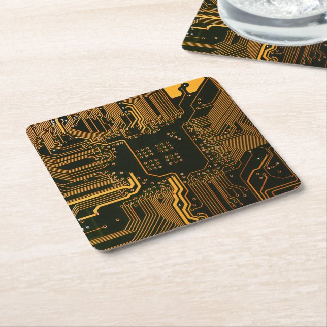 Geek Out Nerd PCB Orange Electronic Circuit Board  Square Paper Coaster (Angled)