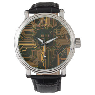 Geek Out Nerd PCB Orange Electronic Circuit Board  Watch