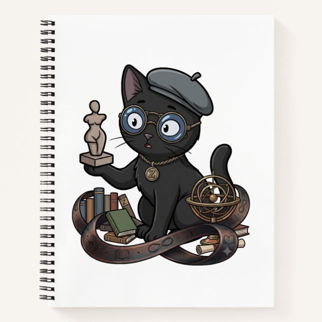 Geeky Black Cat with Glasses Studying Solar System Notebook (Front)