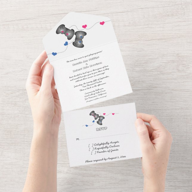 Geeky Gamers All in One Wedding Invite | Pink/Blue (Tearaway)