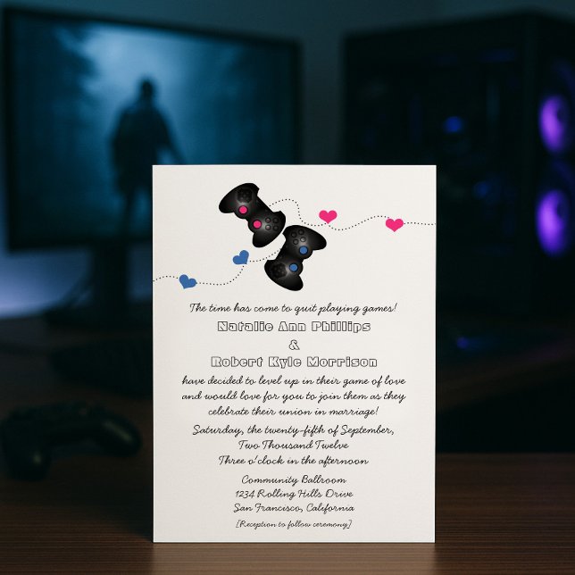 Geeky Gamers Faire-part de mariage foncé (bleu/ros (Dark Blue and Pink Geeky Gamers Wedding Invitation)