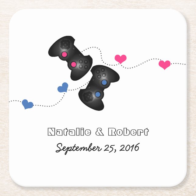 Geeky Gamers Wedding Paper Coasters Dark Pink Blue (Front)
