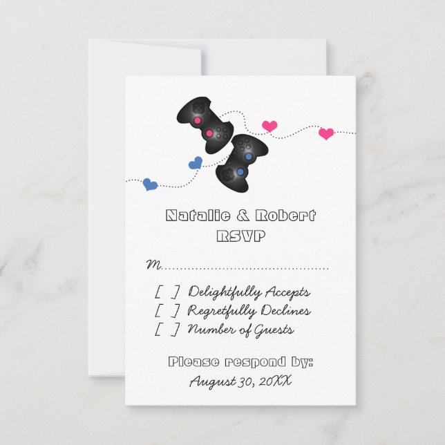 Geeky Gamers Wedding Response Card Dark, Blue/Pink (Front)