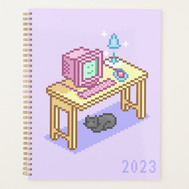 Geeky Girly Pastel Purple Computer Pixel Art  Planner (Front)