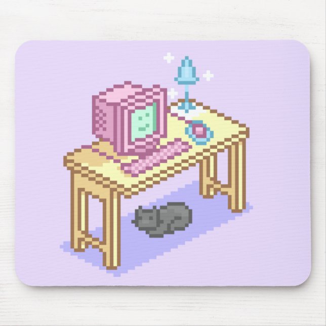 Geeky Girly Purple Pixel Art Computer Mouse Pad (Front)