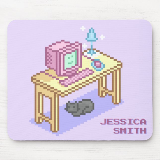Geeky Girly Purple Pixel Art Computer Name Mouse Pad (Front)
