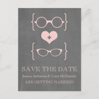 Geeky Glasses Chalkboard Save the Date Postcard