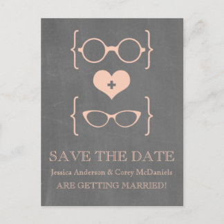 Geeky Glasses Chalkboard Save the Date Postcard v2