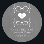 Geeky Glasses Chalkboard Save the Date Stickers<br><div class="desc">Quirky and chic Geeky Glasses Chalkboard Save the Date Stickers featuring a cute heart flanked by two pairs of nerdy eyeglasses, a manly pair and a girly pair representing the groom and bride on a chalkboard look background. These offbeat save the date stickers are perfect for announcing your geek wedding!...</div>