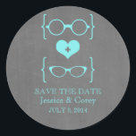Geeky Glasses Chalkboard Save the Date Stickers<br><div class="desc">Quirky and chic Geeky Glasses Chalkboard Save the Date Stickers in turquoise featuring a cute heart flanked by two pairs of nerdy eyeglasses, a manly pair and a girly pair representing the groom and bride on a chalkboard look background. These offbeat save the date stickers are perfect for announcing your...</div>