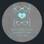 Geeky Glasses Chalkboard Save the Date Stickers<br><div class="desc">Quirky and chic Geeky Glasses Chalkboard Save the Date Stickers in turquoise featuring a cute heart flanked by two pairs of nerdy eyeglasses, a manly pair and a girly pair representing the groom and bride on a chalkboard look background. These offbeat save the date stickers are perfect for announcing your...</div>