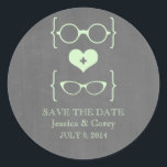 Geeky Glasses Chalkboard Save the Date Stickers<br><div class="desc">Quirky and chic Geeky Glasses Chalkboard Save the Date Stickers in mint green featuring a cute heart flanked by two pairs of nerdy eyeglasses, a manly pair and a girly pair representing the groom and bride on a chalkboard look background. These offbeat save the date stickers are perfect for announcing...</div>