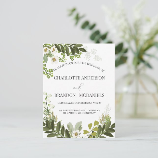  Geen Leaves Timeles Botanical Wedding Postcard (Standing Front)
