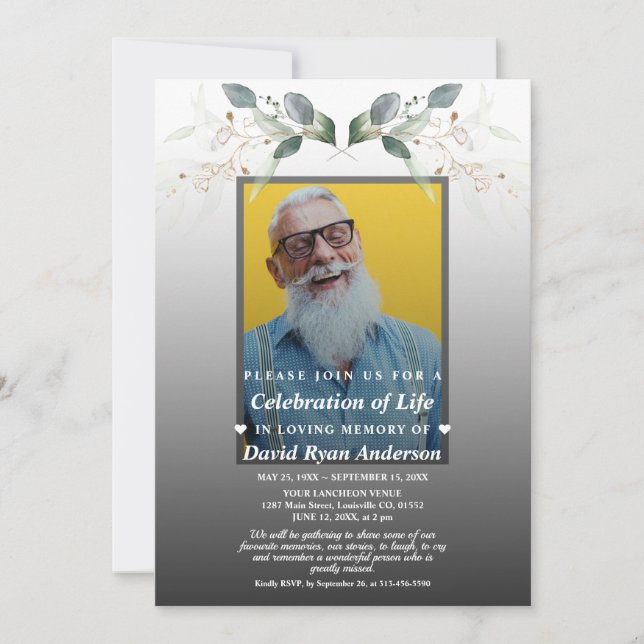Geenery Celebration of Life Photo Funeral Memorial Invitation (Front)