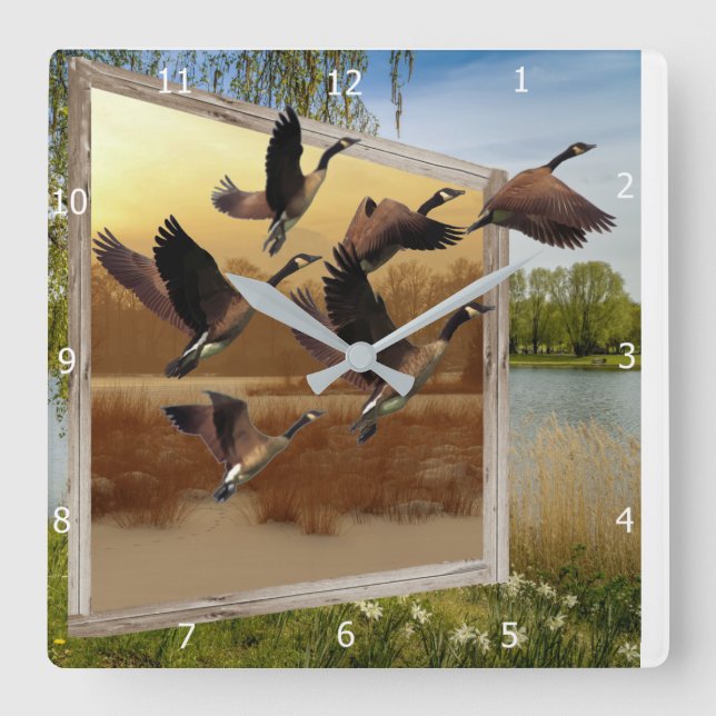 GEESE FLYING OUT OF PICTURE SQUARE WALL CLOCK (Front)