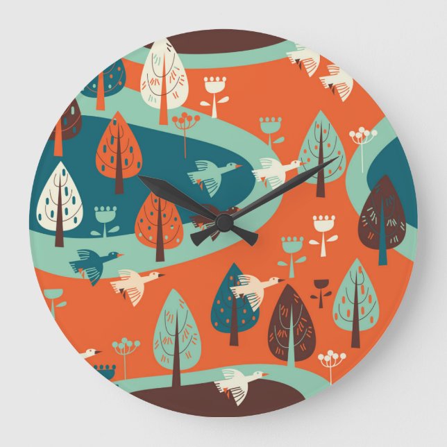 Geese Forest: Vintage Nature Scene Large Clock (Front)