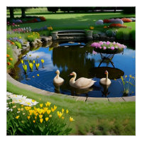 Geese in the Pond with Flowers and Grass