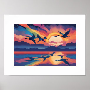Geese Over Water at Sunrise Poster