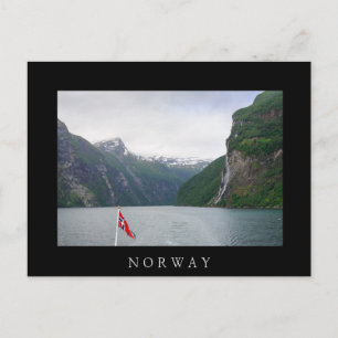 Geiranger fjord with Norwegian flag black postcard
