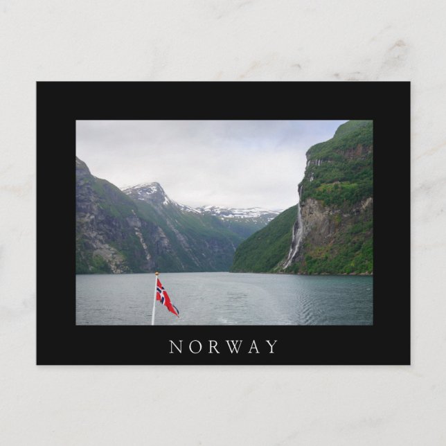 Geiranger fjord with Norwegian flag black postcard (Front)