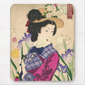 Geisha and Irises Japanese Woodblock Art Ukiyo-e Mouse Pad