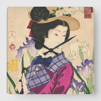 Geisha and Irises Japanese Woodblock Art Ukiyo-e Square Wall Clock