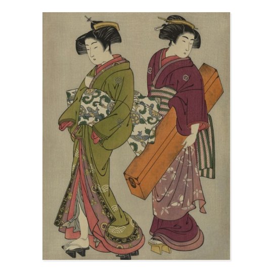 Geisha and Servant Vintage Japanese Art Postcard