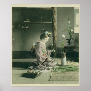 Geisha Arranging Iris Flowers Poster Print
