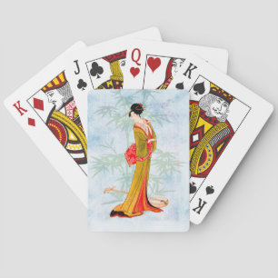 Geisha Bamboo Blue Background Playing Cards