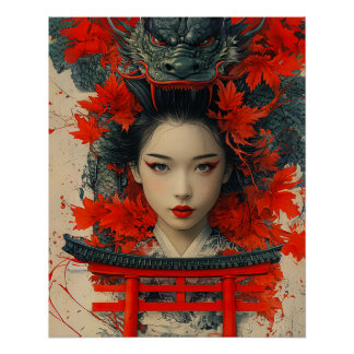 Geisha & Dragon - Japanese Art Poster