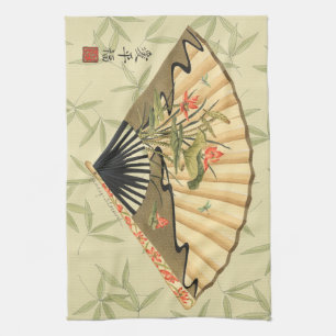 Geisha Fan with Leaves and Floral Print Kitchen Towel