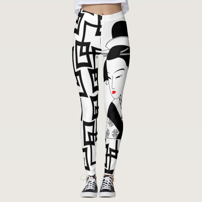 geisha girl japanese black white graphic leggings (Front)