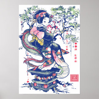 Geisha Girl With Dragon and Cats 37004 Poster