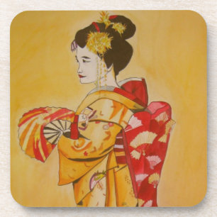 Geisha gold kimono original watercolor art coaster