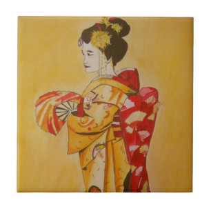 Geisha gold kimono original watercolor art tile
